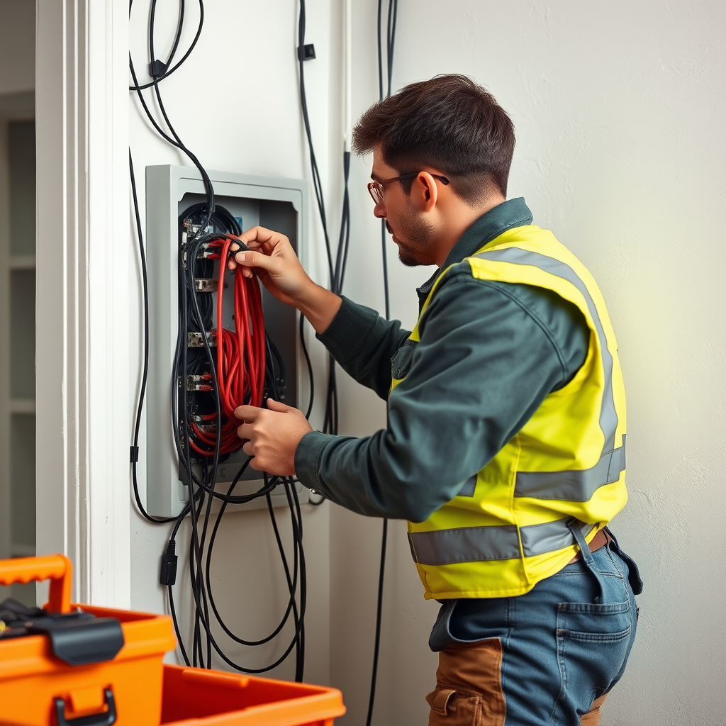 Electrician with protective helmet