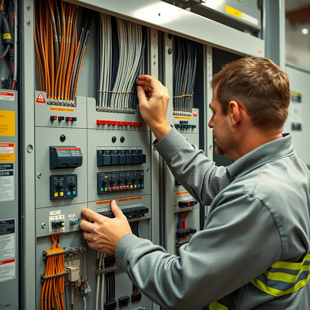 Technician inspecting panel door